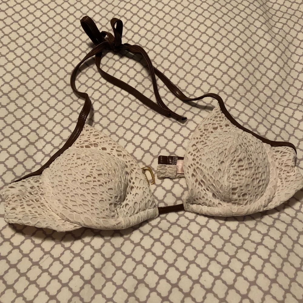 Victoria’s Secret white lace bikini top w/ leather